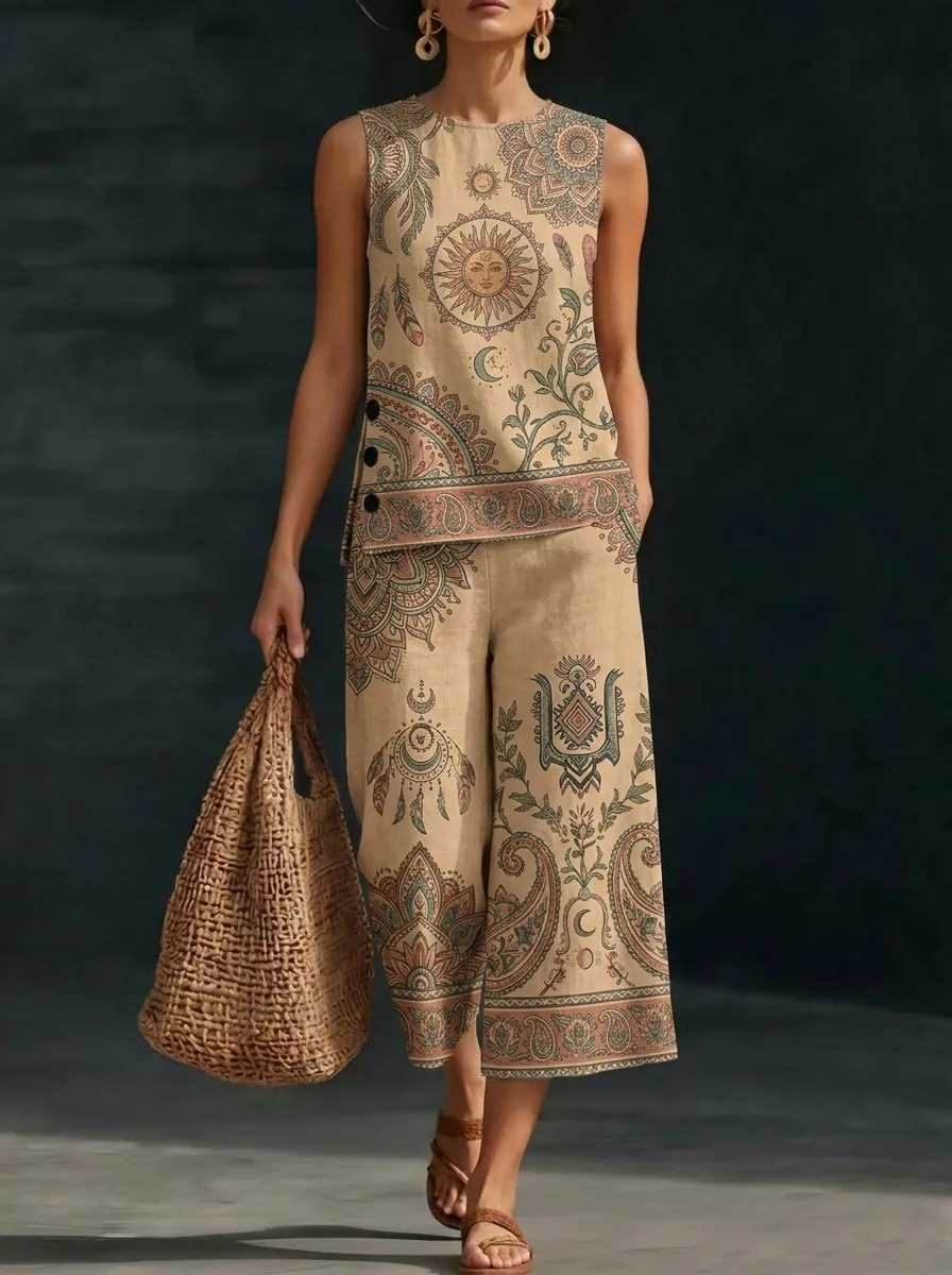 Women's Boho Sun Moon Paisley Printed Sleeveless Set