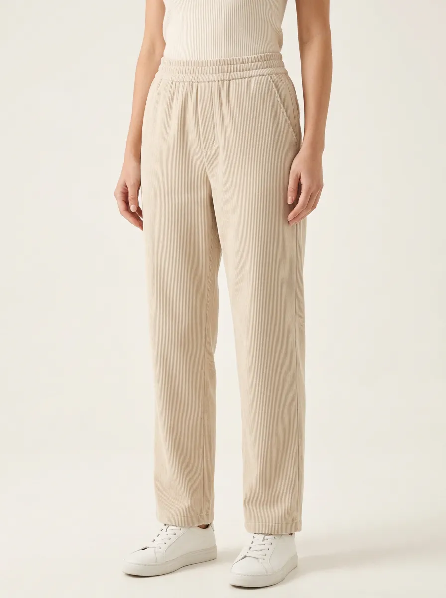 Women's Elastic-Waist Fine-Wale Straight-Leg Corduroy Pants