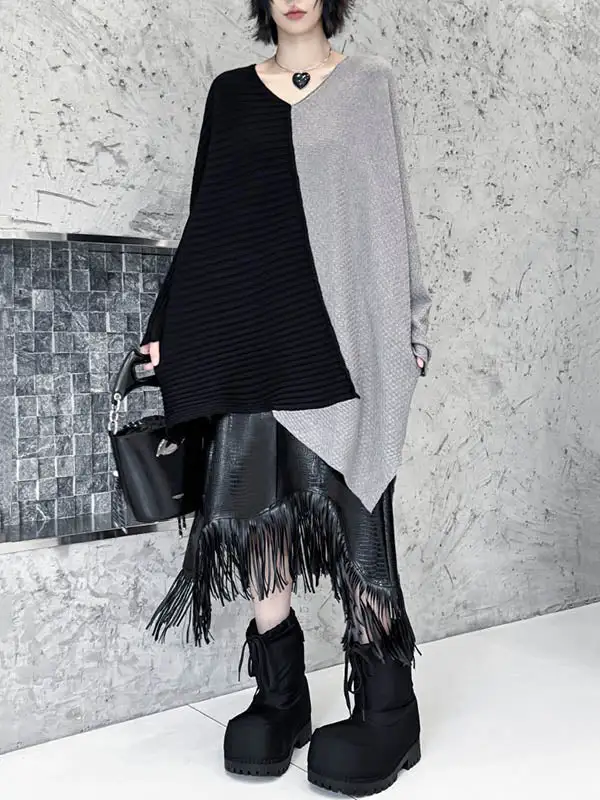 Textured Asymmetric Paneled V-Neck Batwing Sleeve Sweater