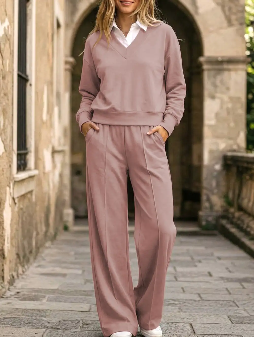 Collar Loose Top and Wide-Leg Pants Set