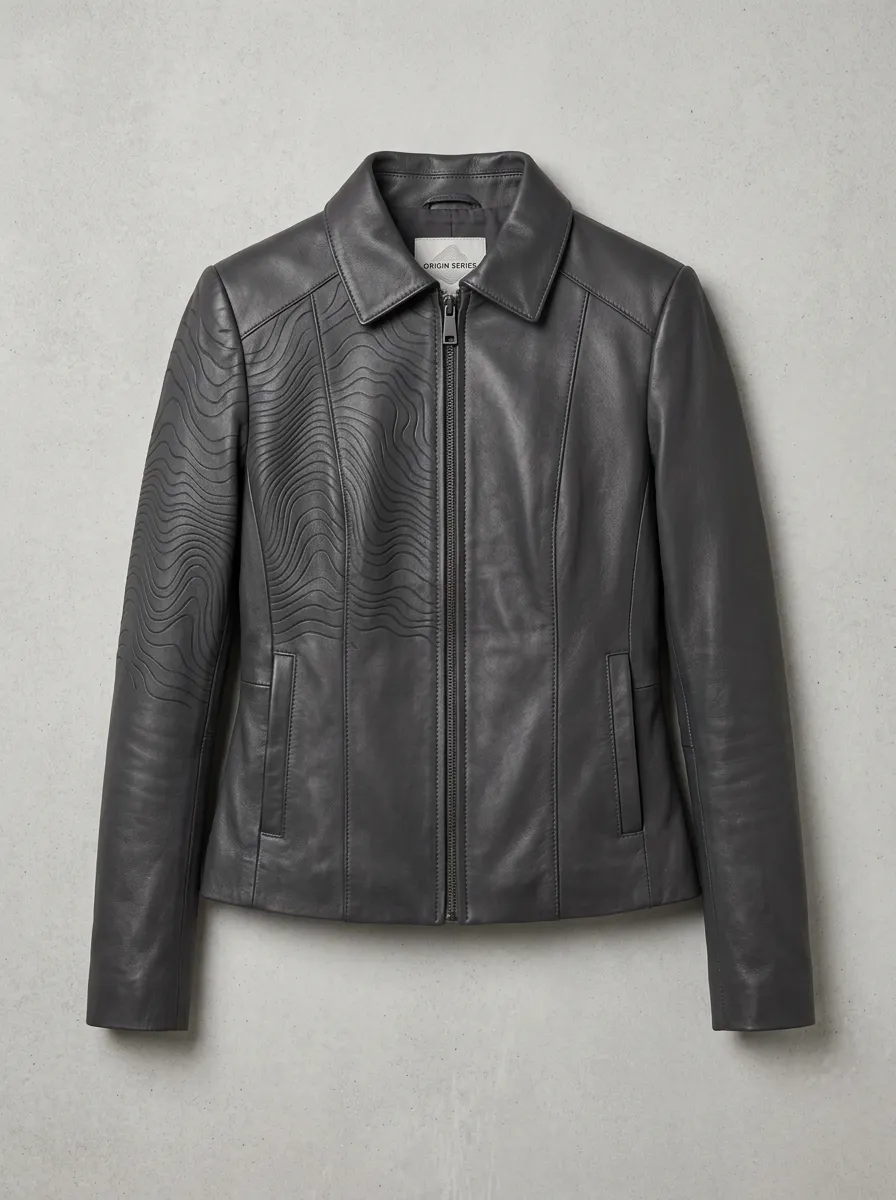 Abstract Wave Pattern Embossed Leather-Look Jacket