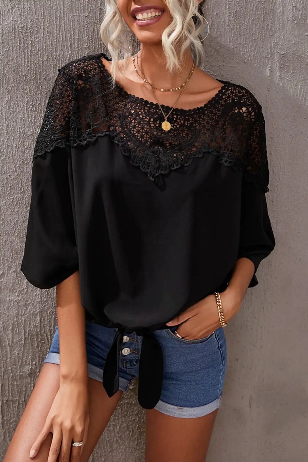 Lace Splicing Tie Knot Bell Sleeve Blouse