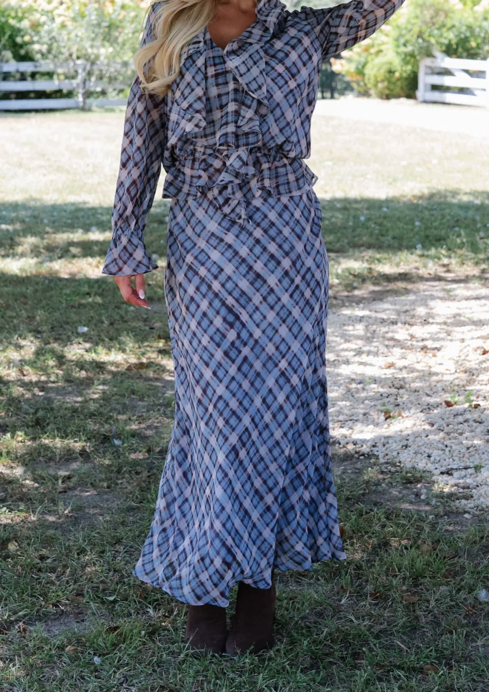 Plaid Chiffon Mid Rise Maxi Skirt