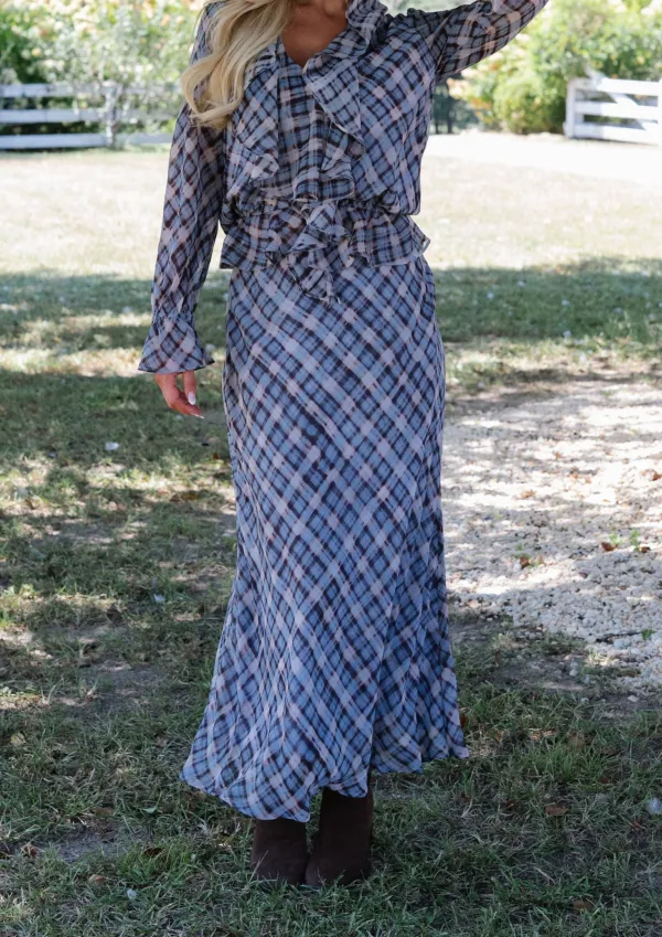 Plaid Chiffon Mid Rise Maxi Skirt