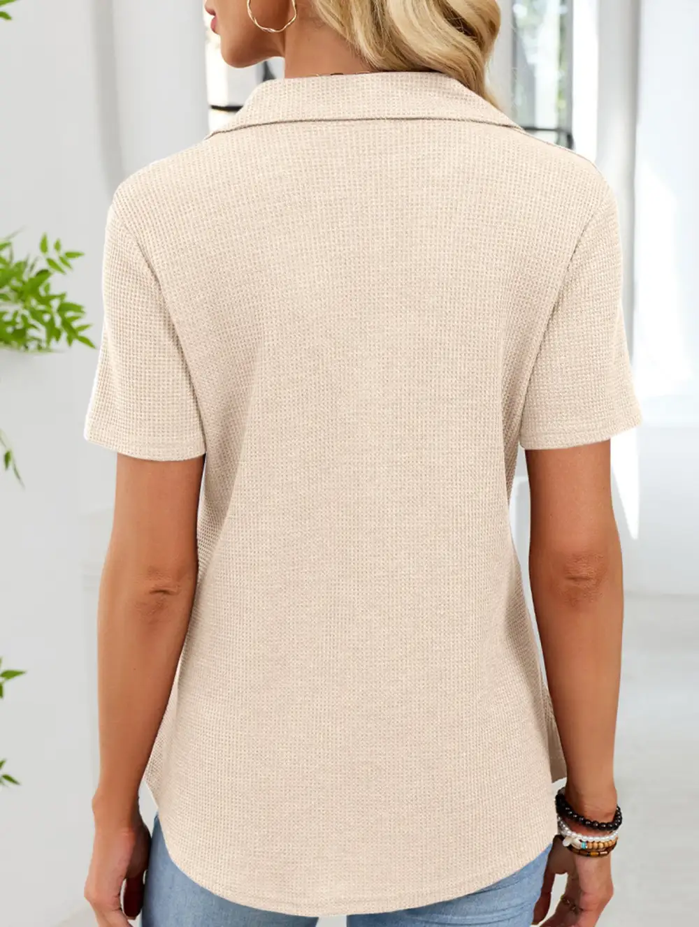 Lapel Waffle Knit Short Sleeve Top