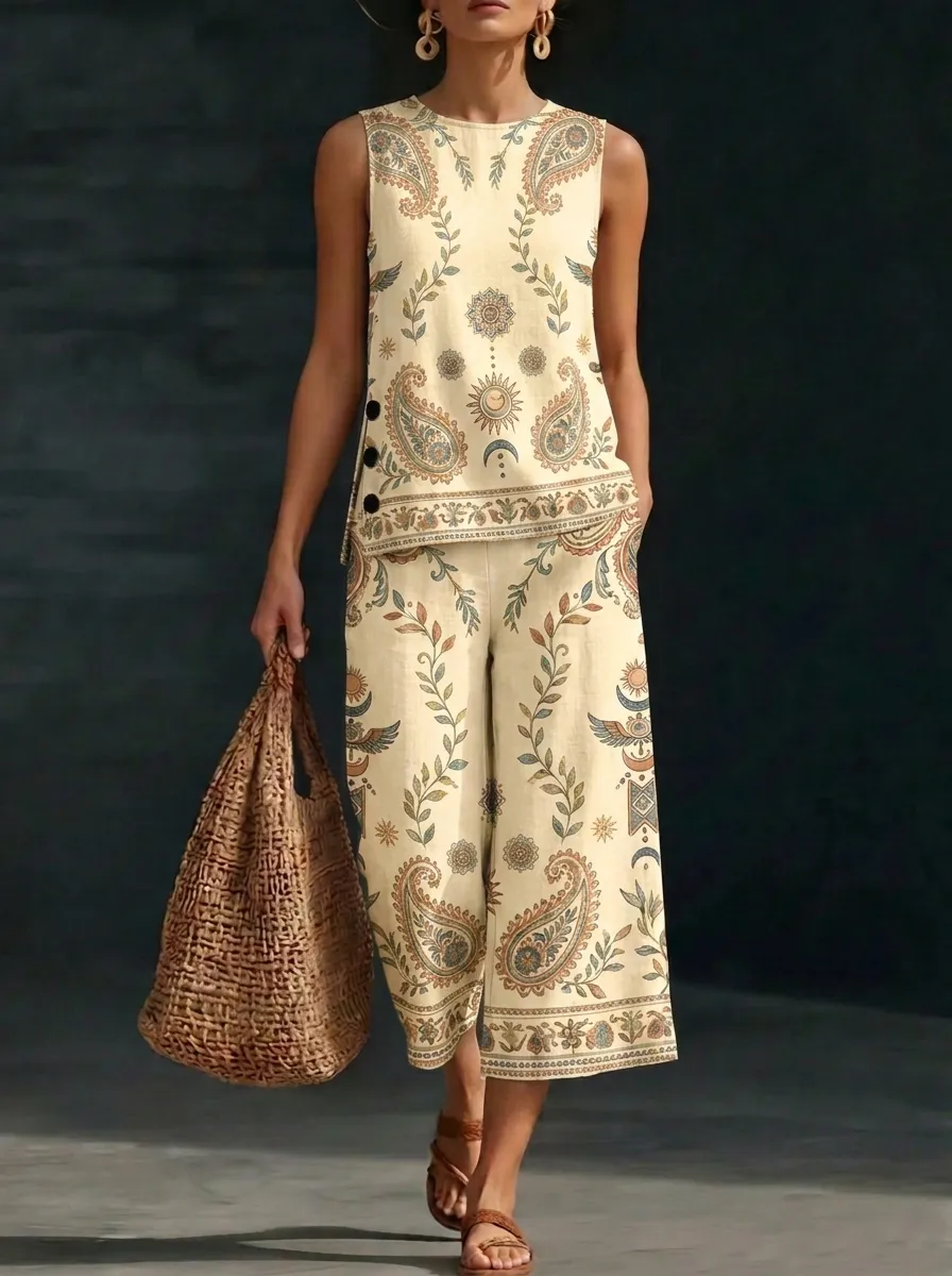 Women's Boho Paisley Sun Moon Printed Sleeveless Set