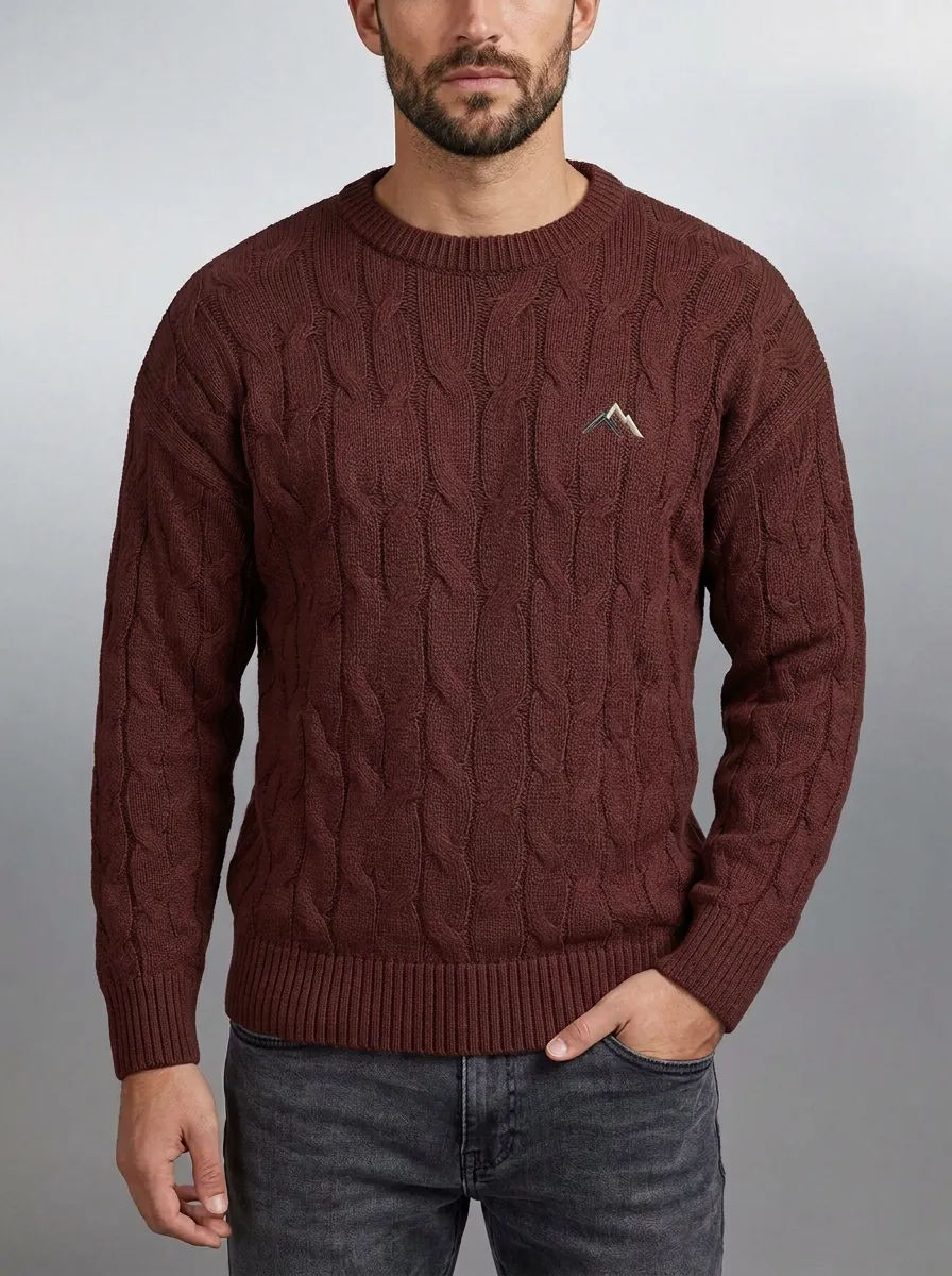 Men's Olive Green Outdoor Mountain Graphic Embroidered Knit Sweater