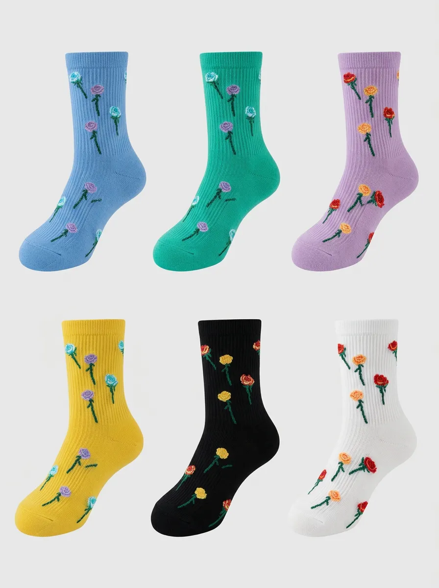 Women's Multicolor Floral Embroidered Crew Socks 6-Pack