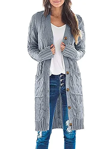 Womens Long Sleeve Cable Knit Long Cardigan Open Front Button Sweater Outerwear