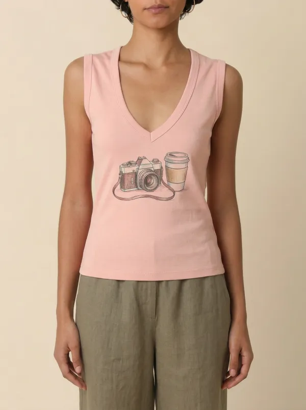 Women's Photography Coffee Vintage Camera Graphic Tank Top