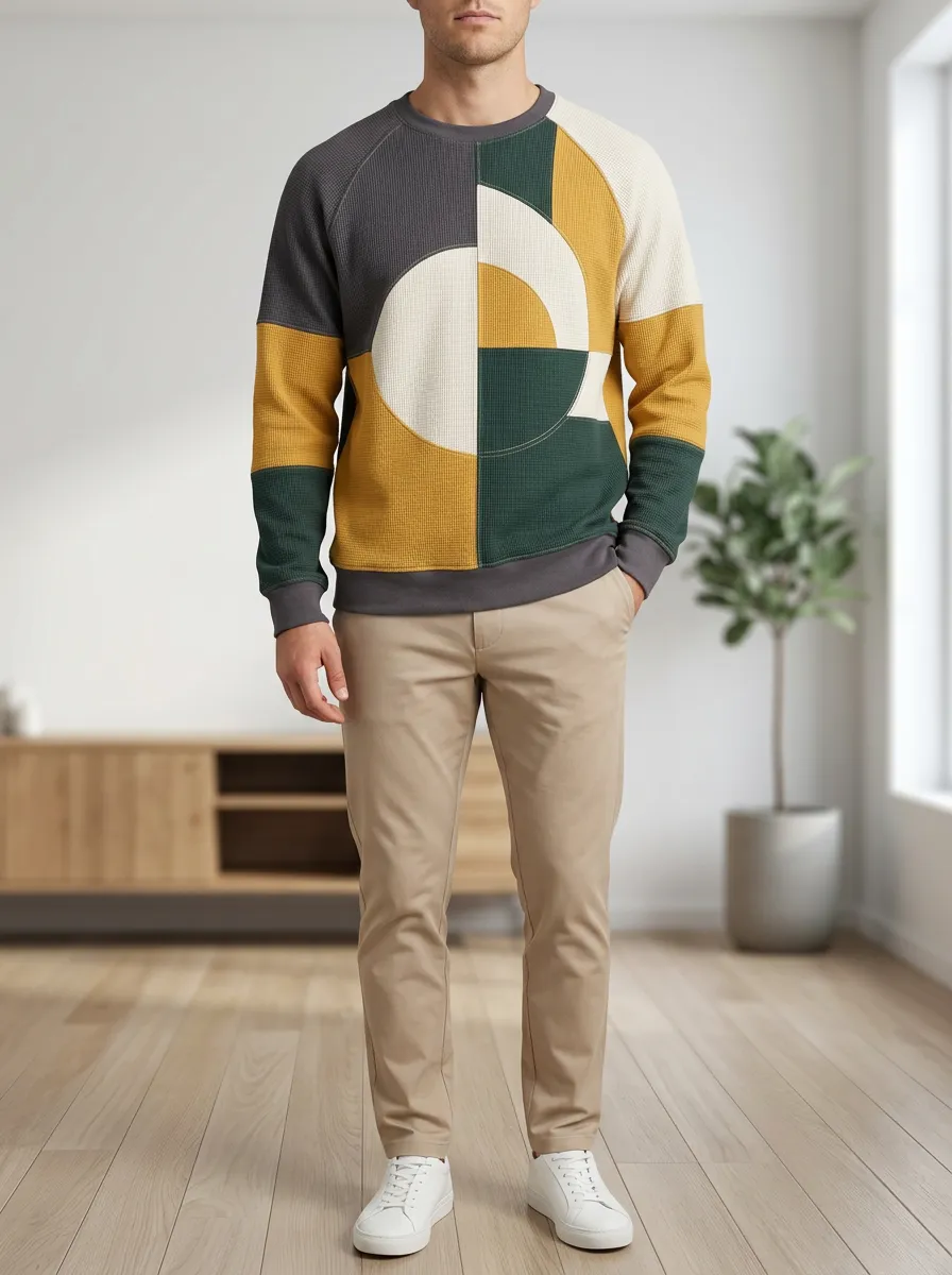 Men's Multicolor Geometric Color-Block Waffle Textured Crewneck Sweatshirt