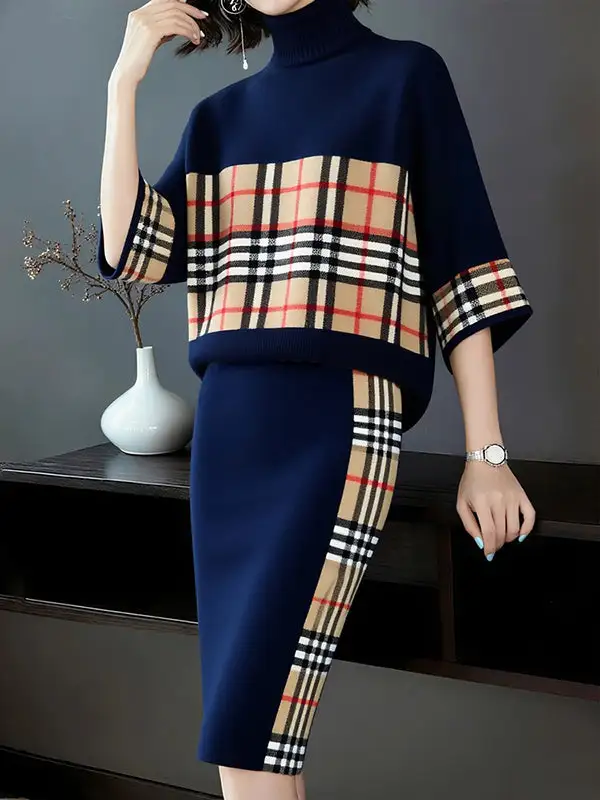 Plaid Elbow Sleeve Relaxed Fit Pullover Sweater