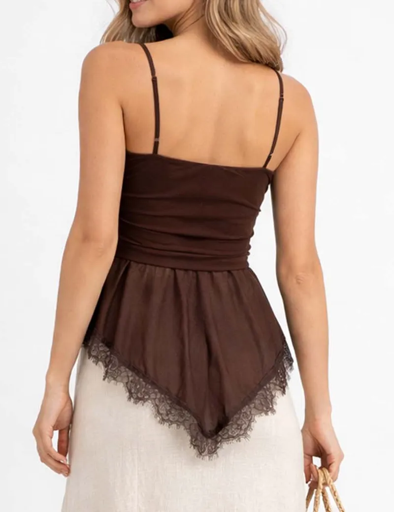 Sheer Mesh Lace Hem Spaghetti Strap Cami Top