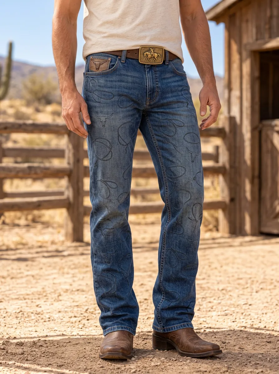 Everyday Embroidered Cowboy Silhouette Men's Western Jeans