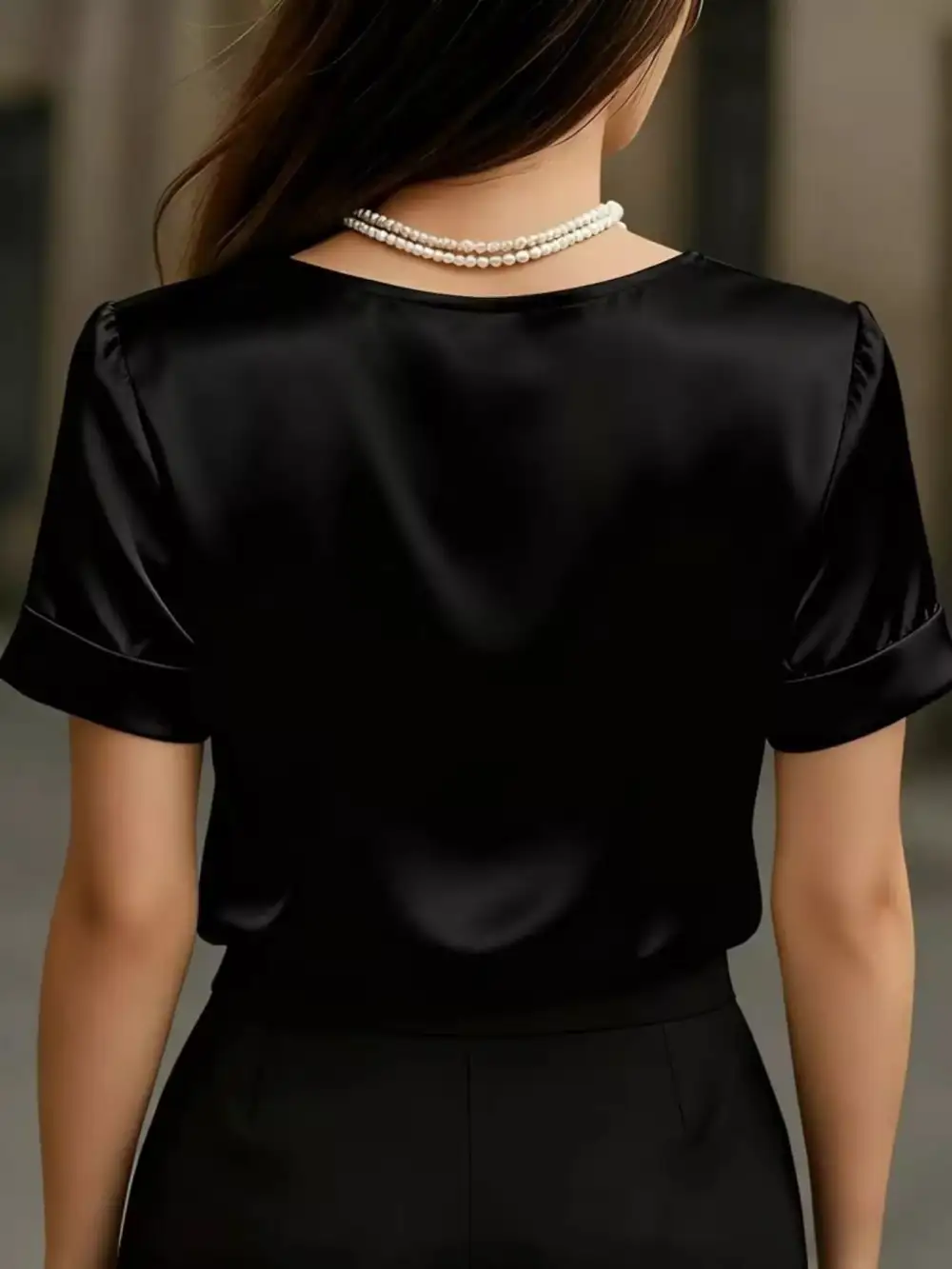 V-Neck Short Sleeve Satin Blouse