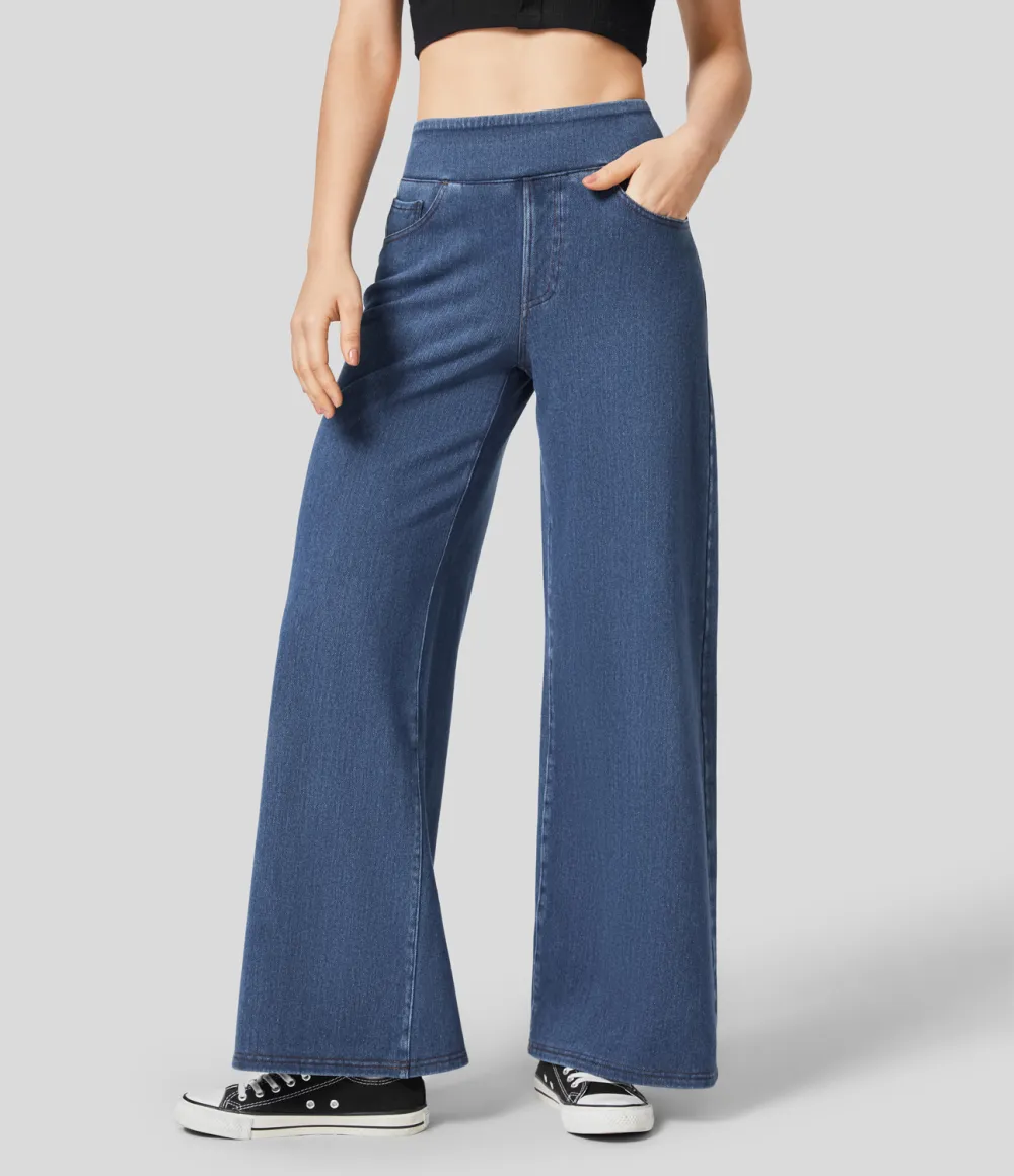 Magic High Waisted Multiple Pockets Wide Leg Stretchy Knit Casual Thermal Jeans
