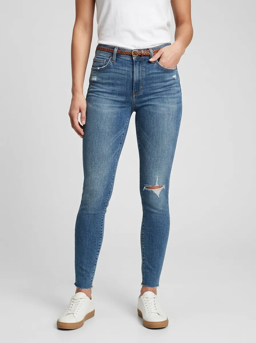 Women's Casual Distressed Blue Denim Slim Jeans