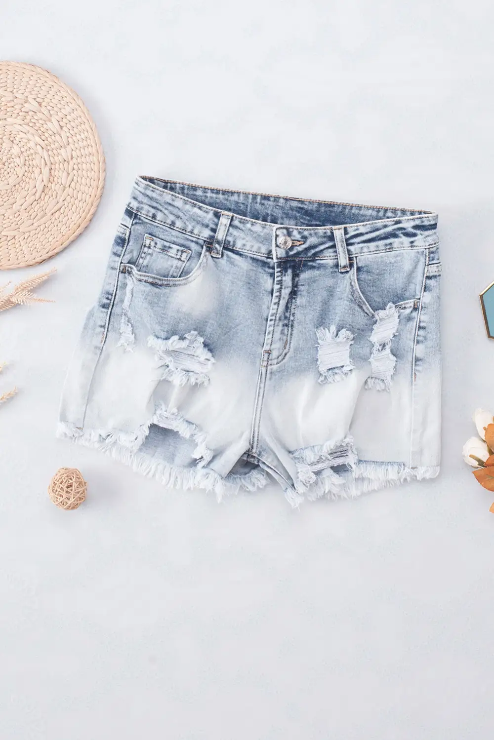Sky Blue Bleached Wash Distressed Denim