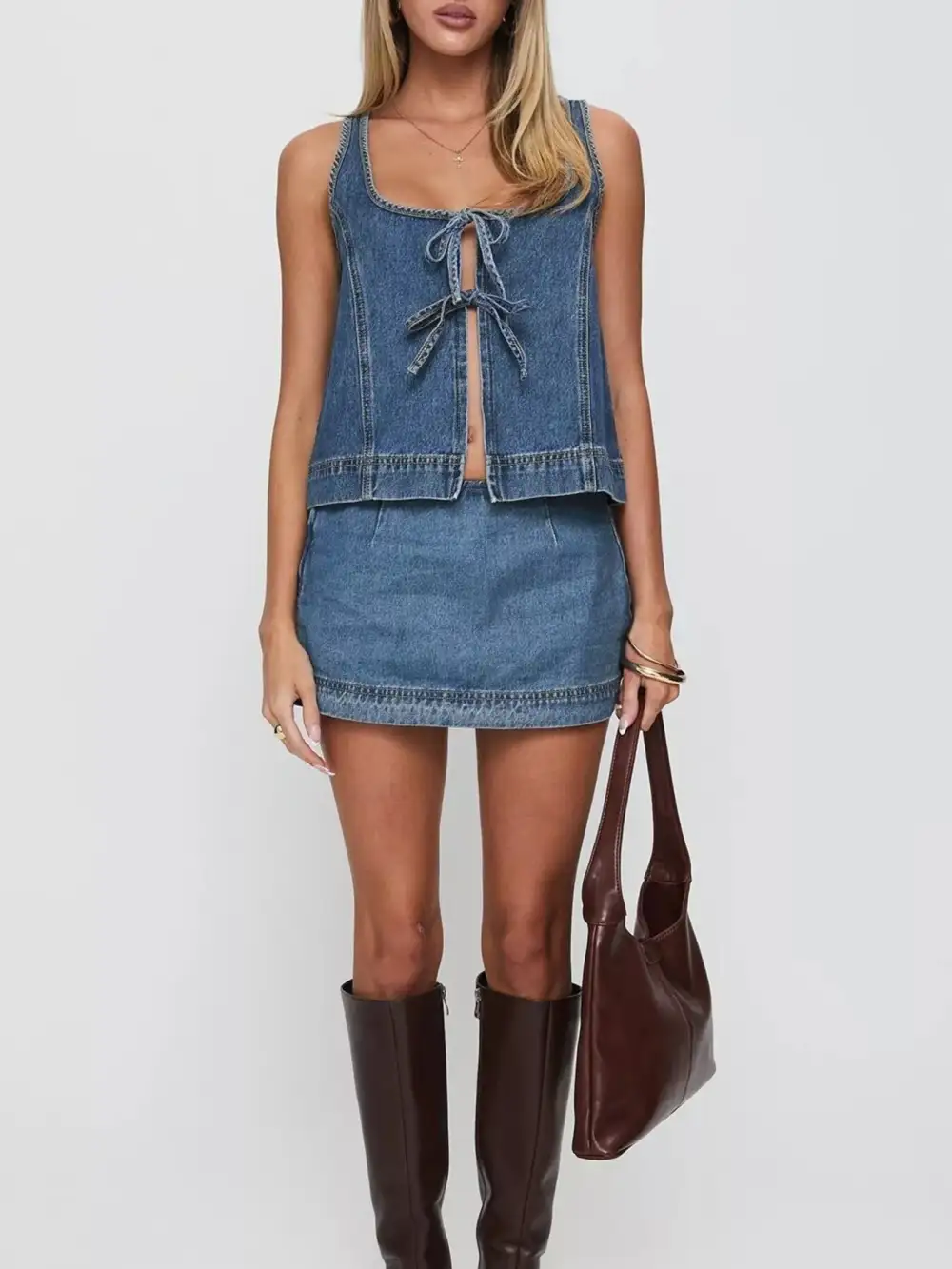 Tie Front Coordinated Set Denim Pants
