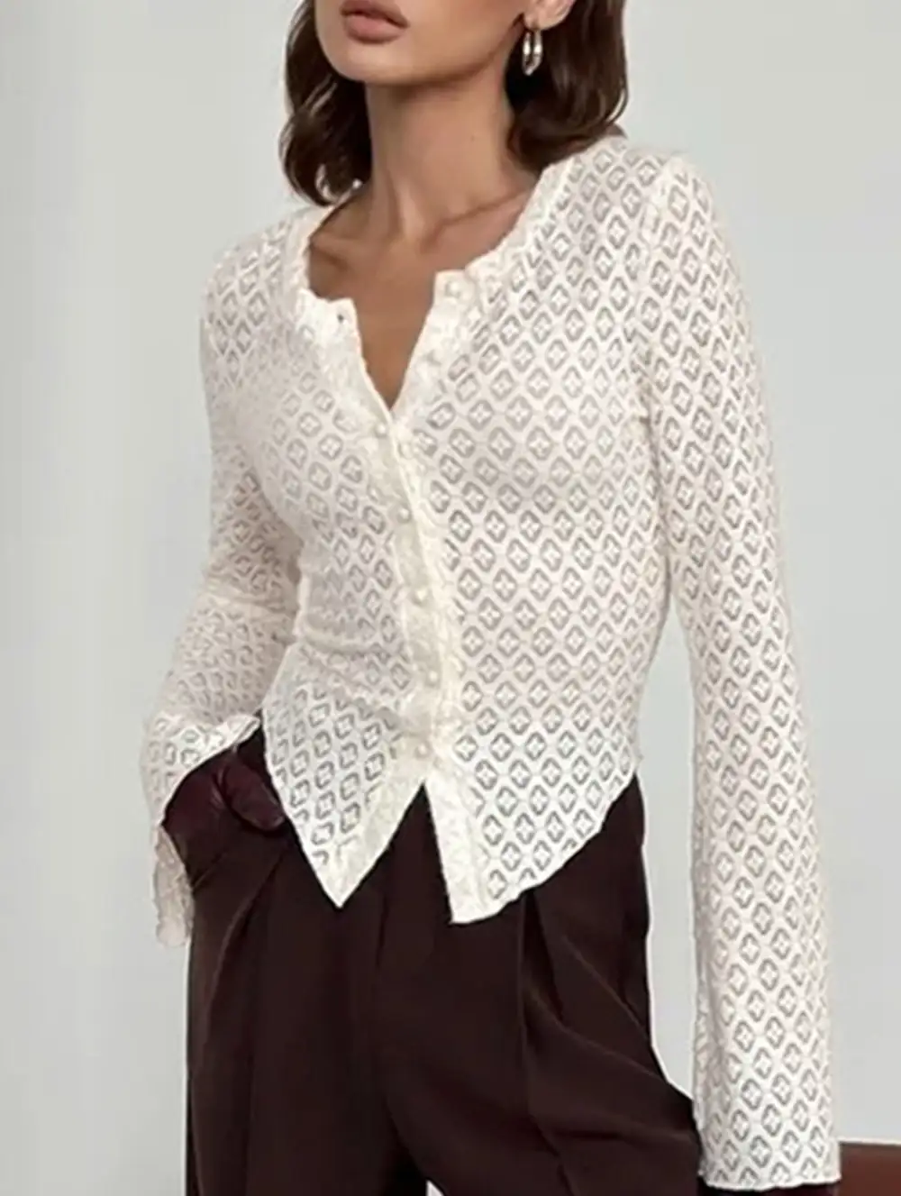 Crew Neck Lace Knit Cardigan Flare Sleeve Top