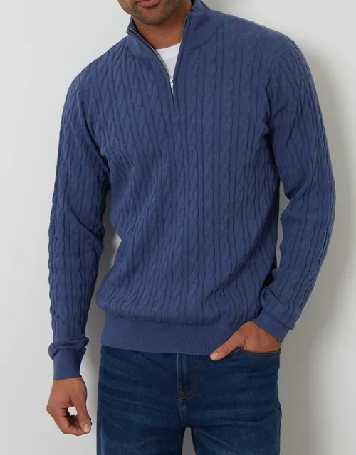 Blue Cable-Knit Quarter-Zip Sweater