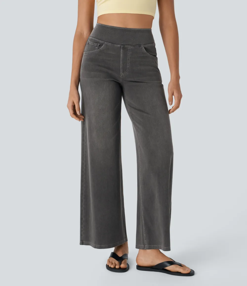 Magic High Waisted Multiple Pockets Wide Leg Washed Stretchy Knit Casual Jeans