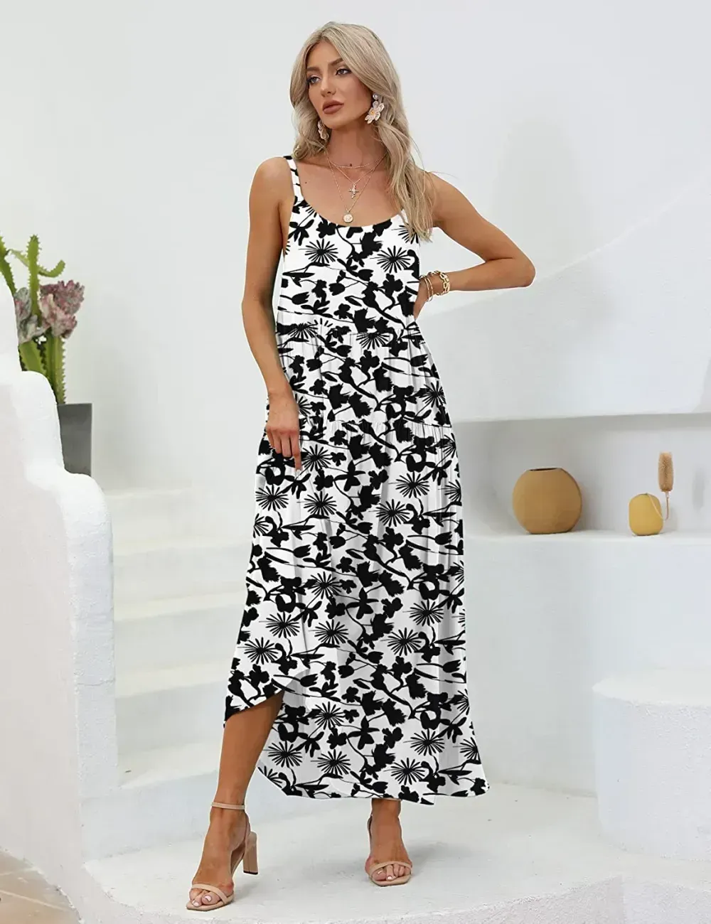 Summer Dresses for Women Casual Loose Bohemian Floral Dress with Pockets Spaghetti Strap Maxi Dress E75