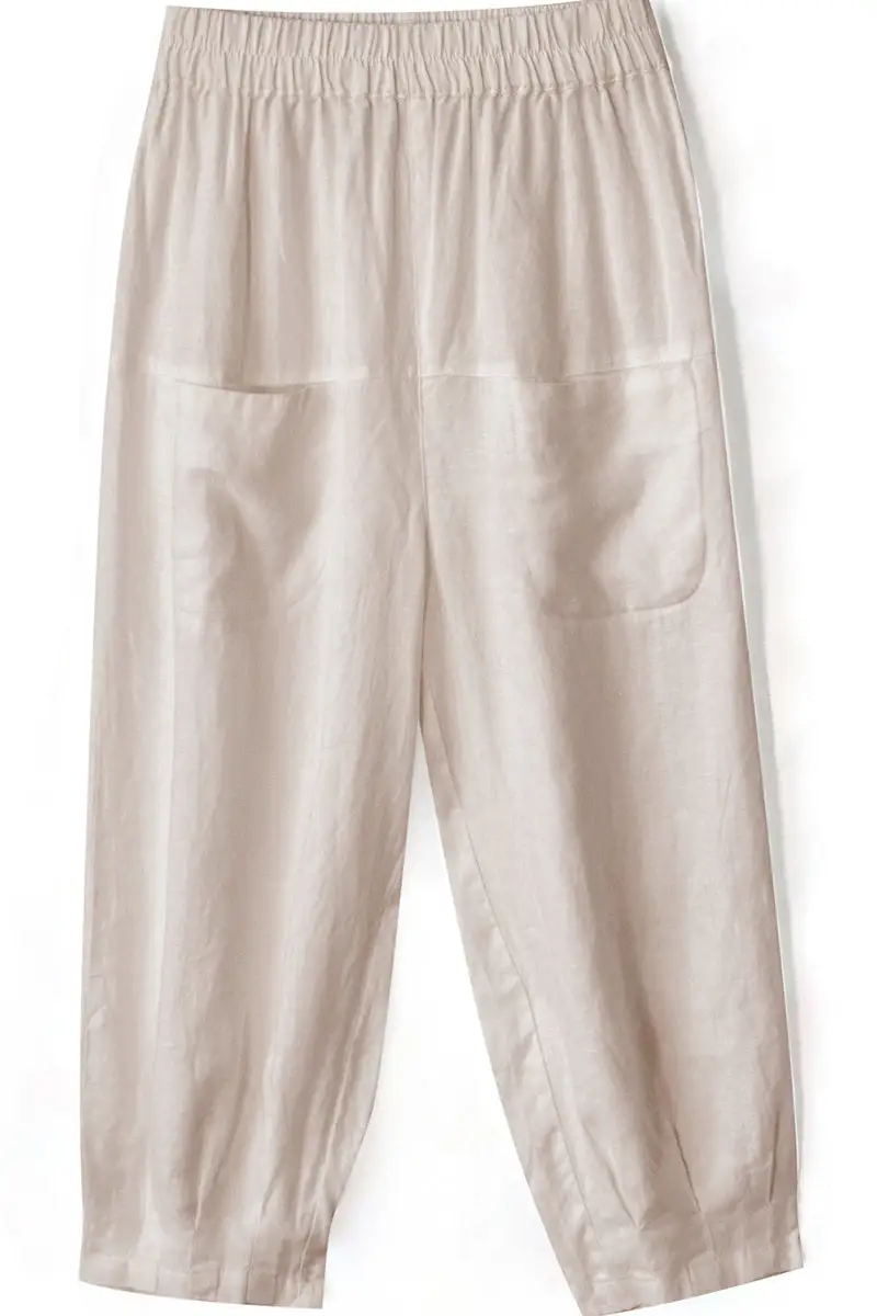 Modern Linen Cotton Wide Leg Cropped Elastic Waist Pocketed Trousers