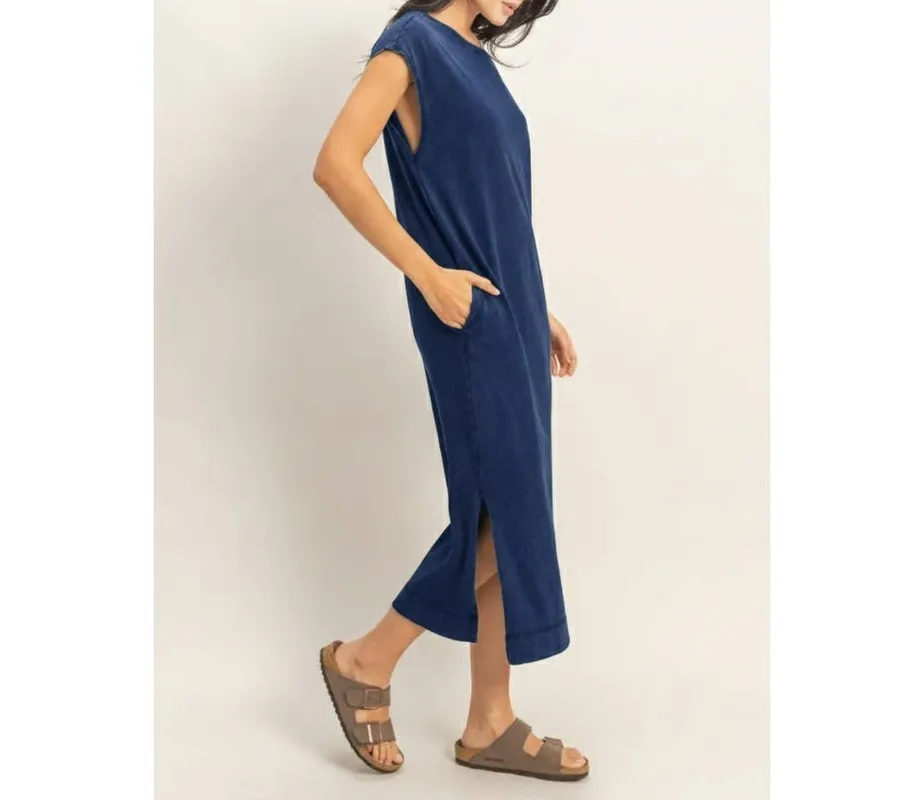 Chocolate Mineral-Wash Cap Sleeve Midi Dress
