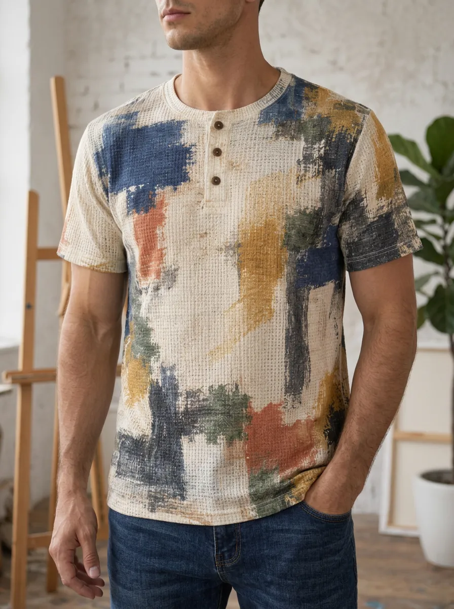 Men's Casual Abstract Art Waffle Knit Design Henley T-Shirt