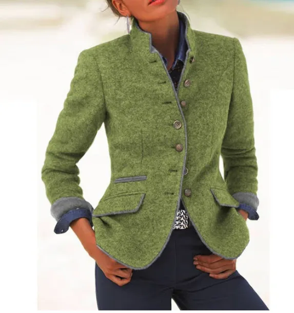 Wool Blend Stand Collar Button Front Jacket