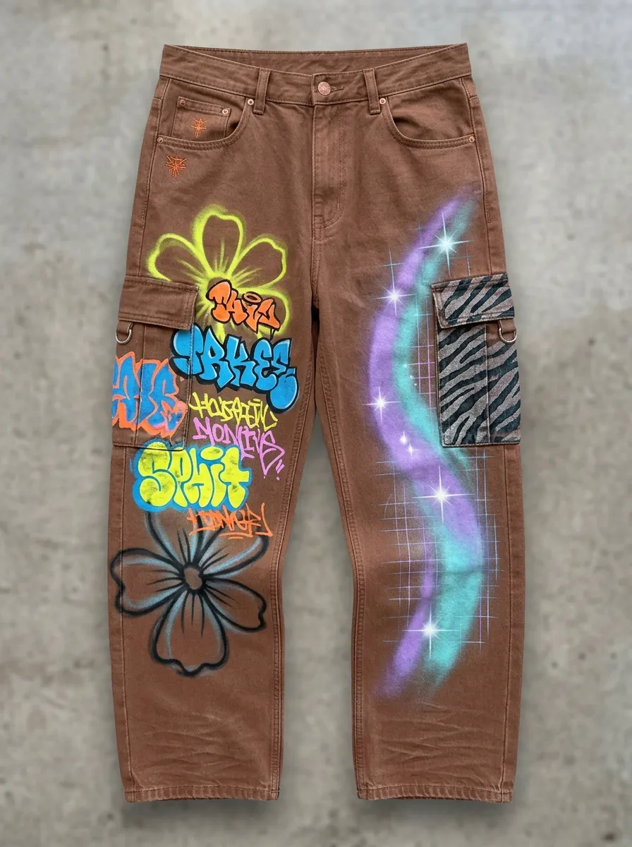 Men's Streetwear Graffiti Flower Zebra Graphic Cargo Jeans