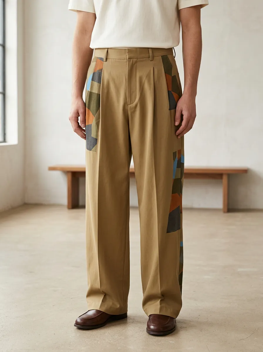 Men's Geometric Patchwork Printed Wide Leg Trousers