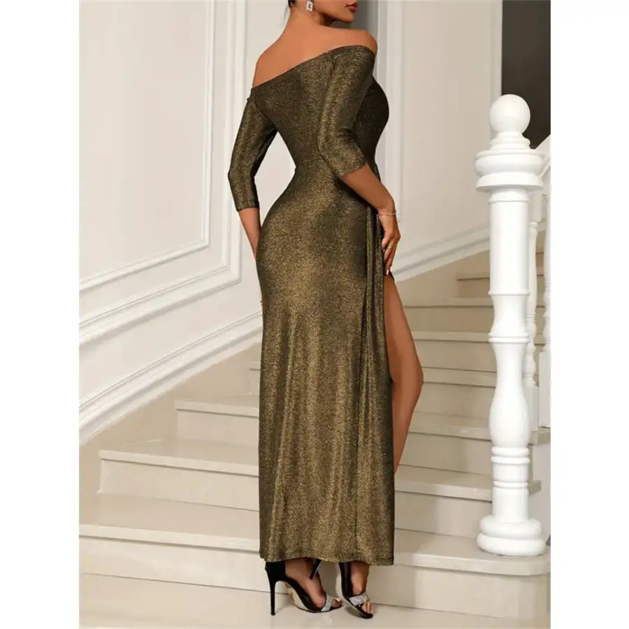 Slit Off-Shoulder Long Sleeve Midi Dress