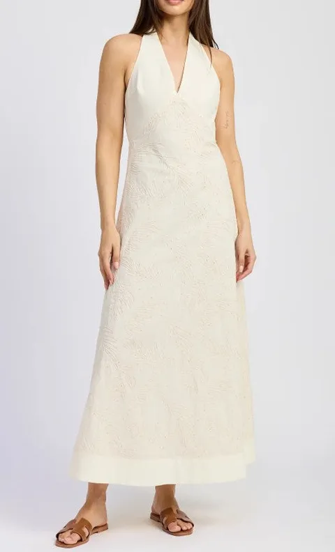 White Linen Embroidered Maxi Dress