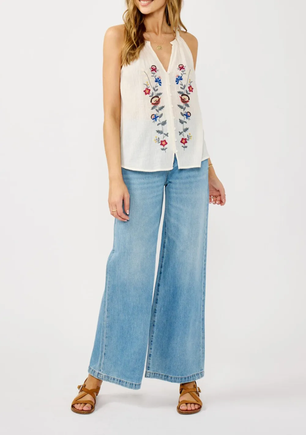 Embroidered Notched Sleeveless Top