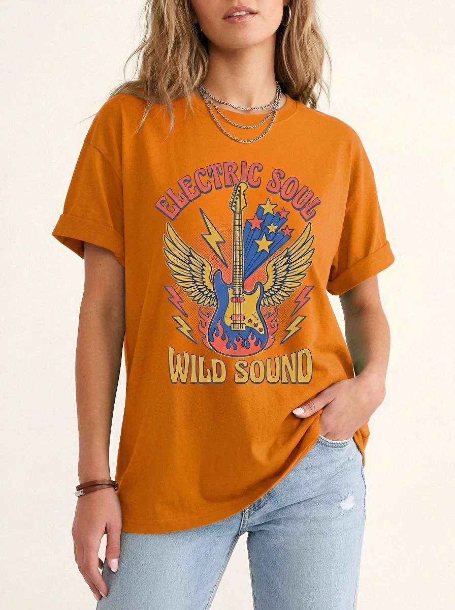 Unisex Rock Music Electric Guitar Winged Flame Printed T-shirt