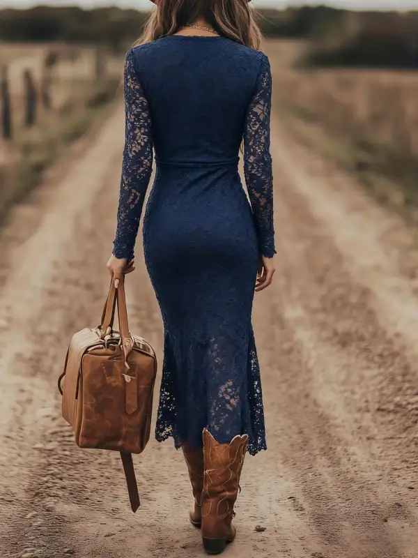 Polished Detail Lace Long Sleeve Midi Dress