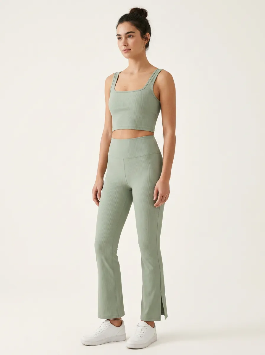 Women's Yoga Fitness Sage Green Ribbed Crop Top Split Hem Leggings Set