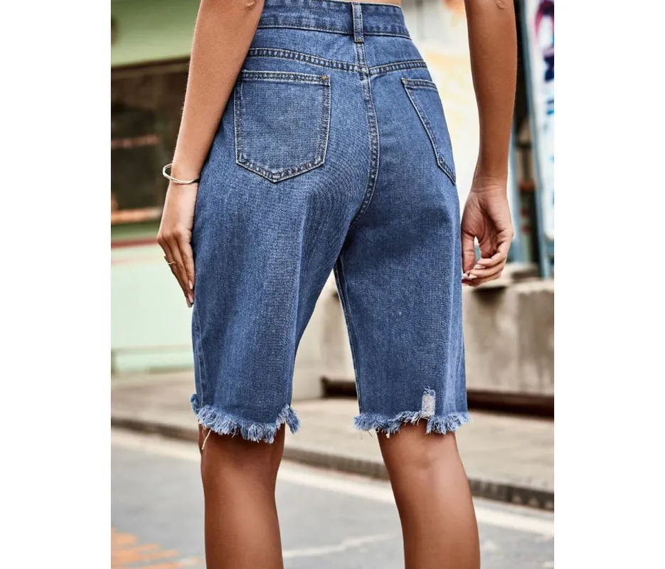 Raw-Hem High-Waist Denim Shorts with Pockets