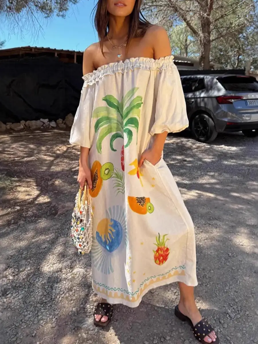 Sleeves Pleated Printed Long Maxi Dress