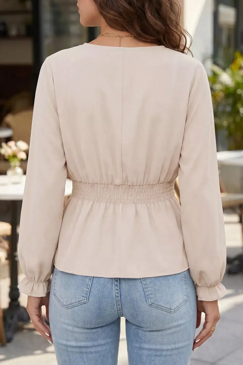 Smocked-Waist V-Neck Long-Sleeve Buttoned Blouse