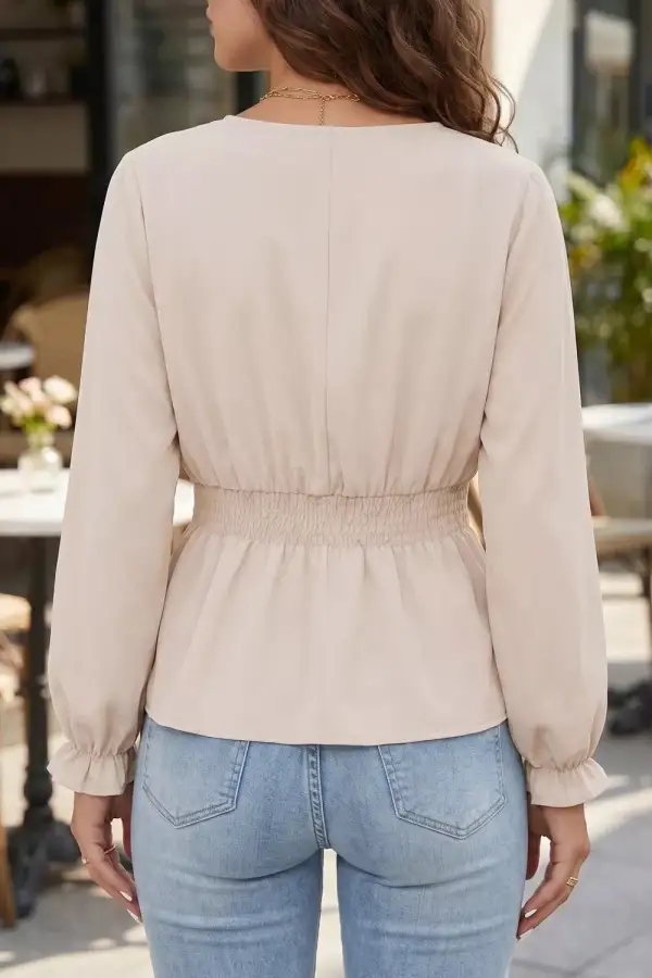 Smocked-Waist V-Neck Long-Sleeve Buttoned Blouse