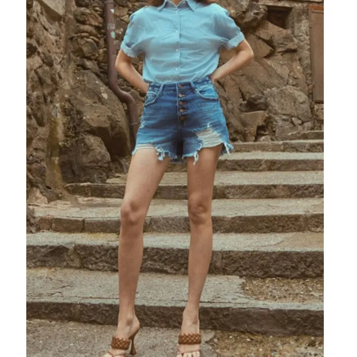 Distressed Button Fly High Waist Denim Shorts