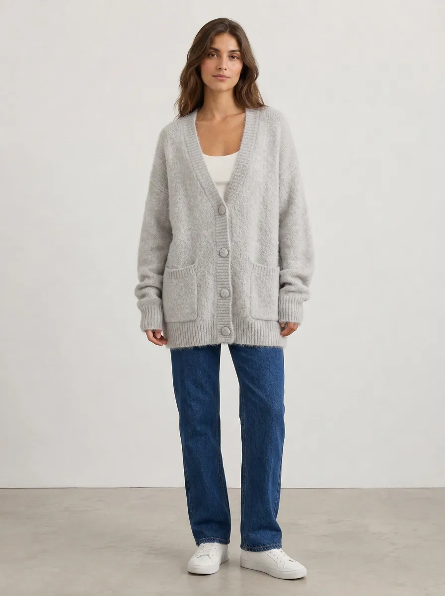 Women's Casual V-Neck Grey Fuzzy Knit Button Cardigan