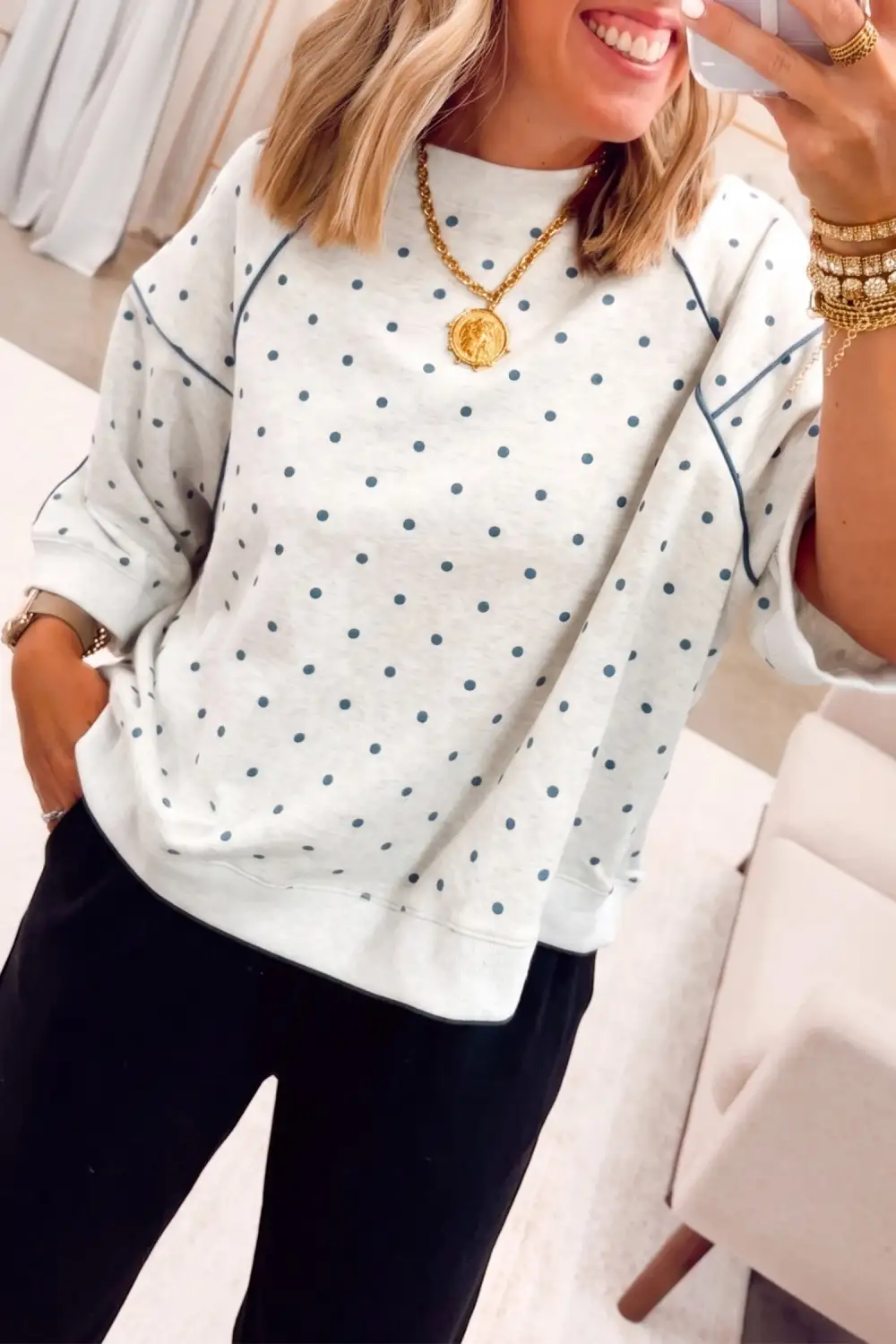 Polka Dot Round Neck Contrast Trim Relaxed Three Quarter Sleeve Top