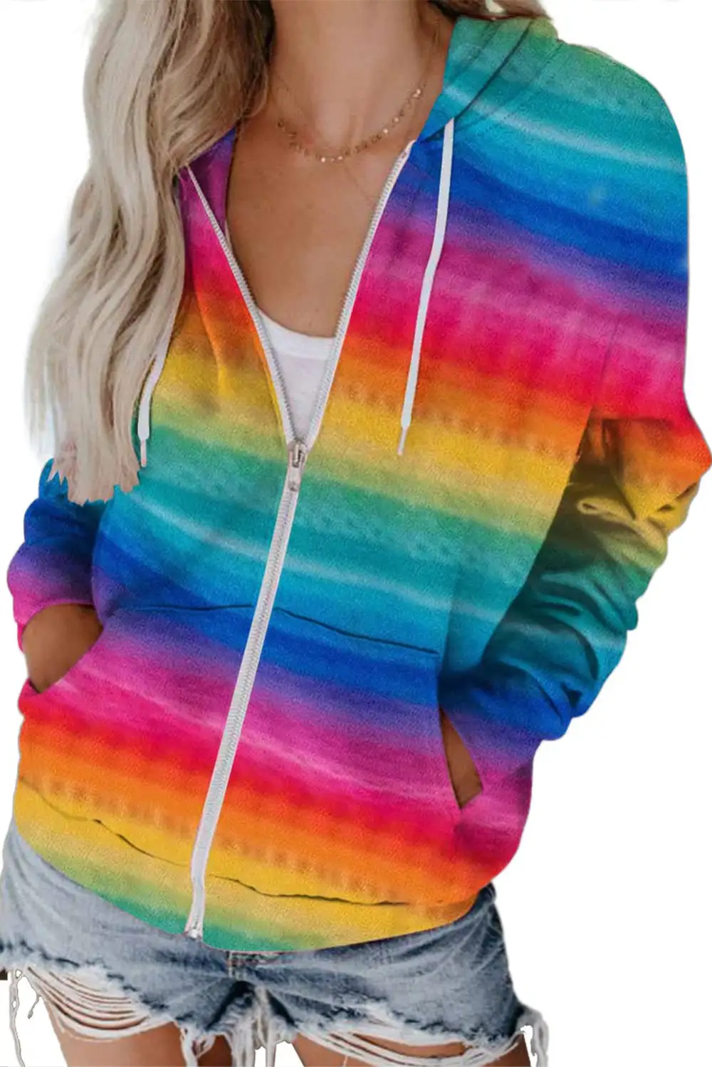 Tie Dye Zipper Pocket Drawstring Hooded Jacket