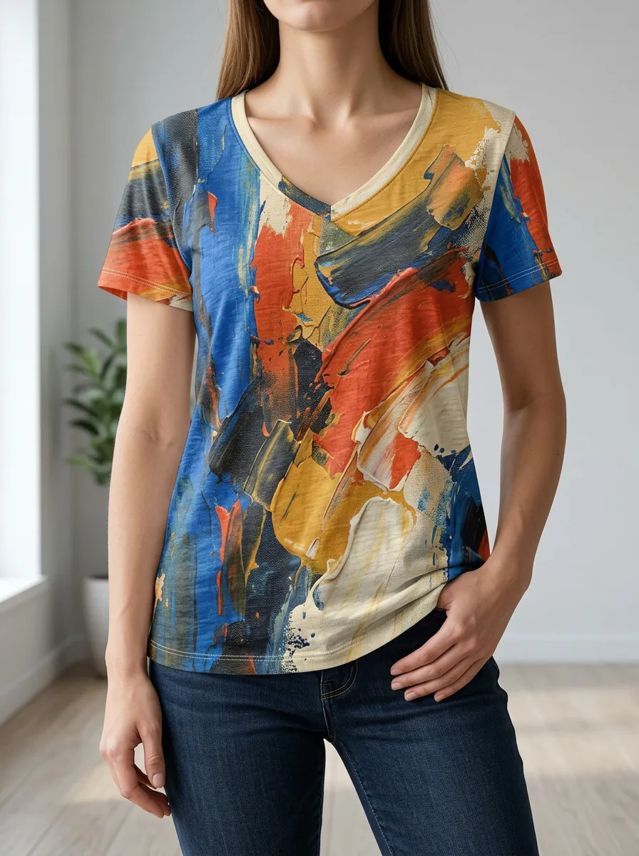 Women's Layered Abstract Art Lover Colorful Brushstroke V-Neck T-Shirt