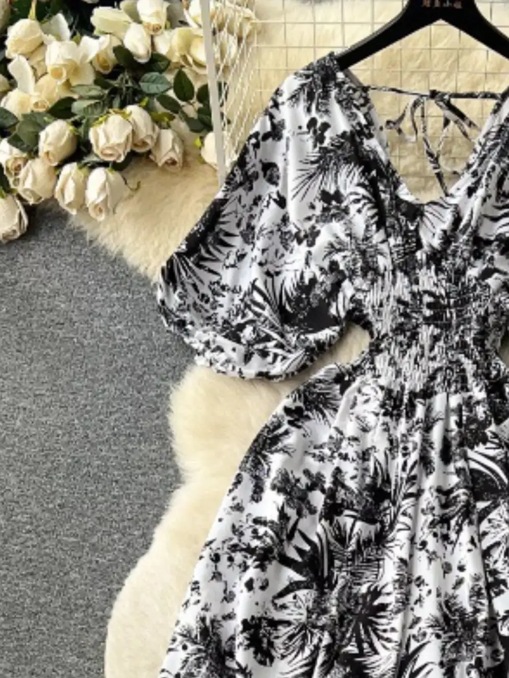 Smocked V Neck Wide Leg Jumpsuit