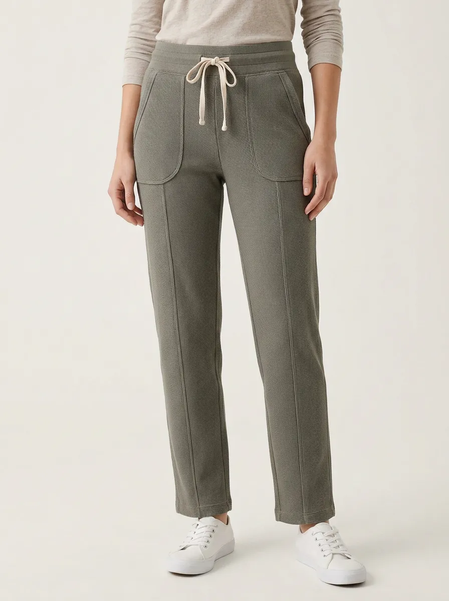 Women's Casual Olive Waffle Knit Drawstring Jogger Pants
